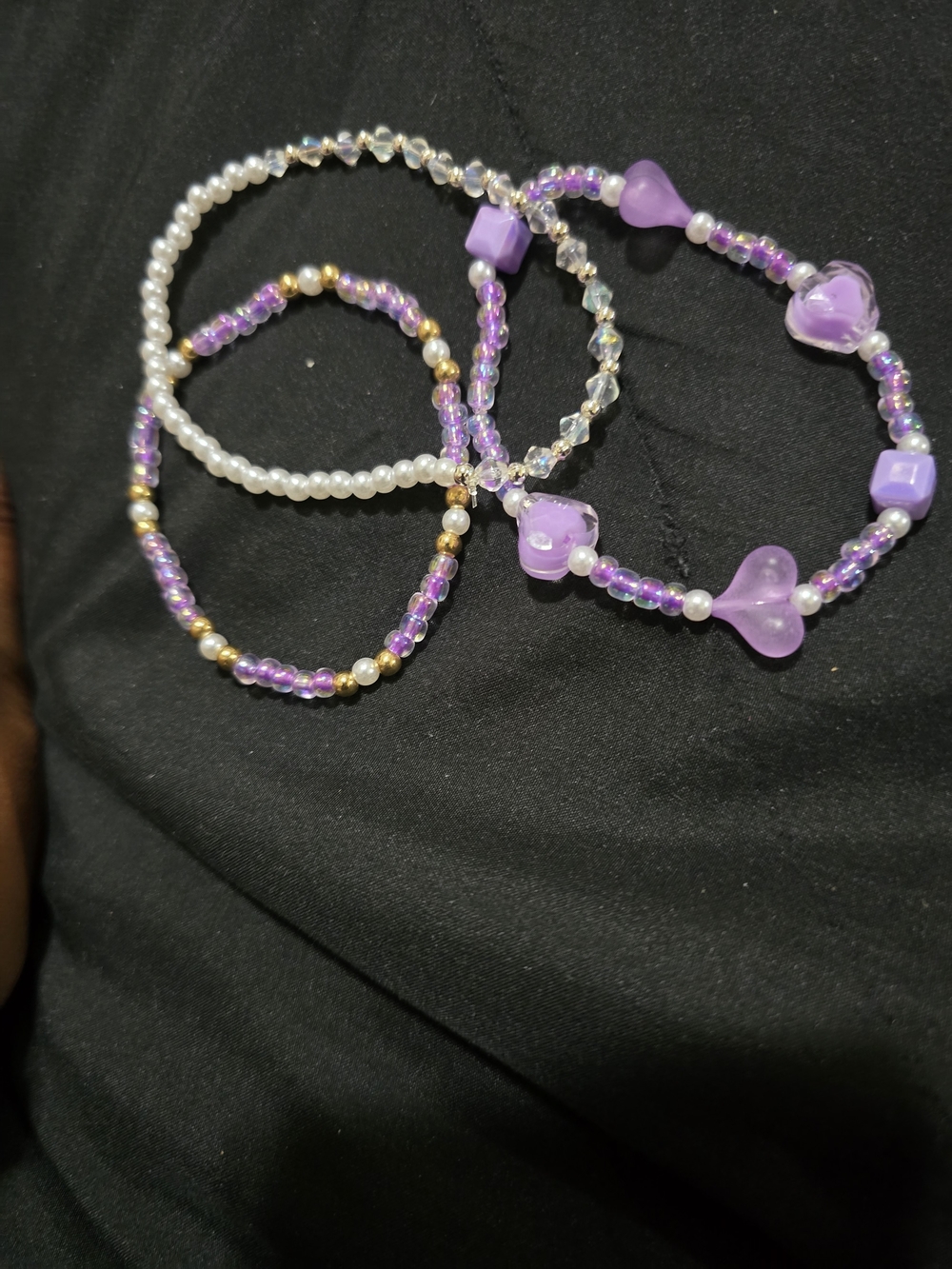 Purple Pearl & Heart Beaded Stretch Bracelet Set